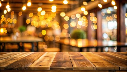 Empty wood table top with a blur of light gold bokeh in a cozy cafe restaurant setting, wood, table, empty, cafe, restaurant, blurred