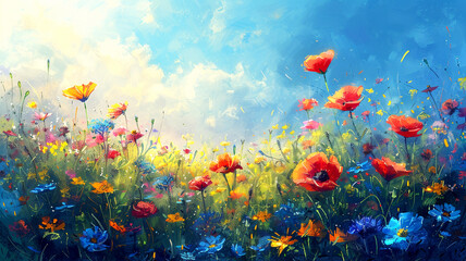 A vibrant summer meadow filled with colorful wildflowers under a clear blue sky