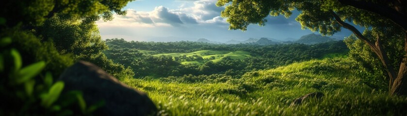 Fototapeta premium Breathtaking landscape showcasing lush greenery, rolling hills, and a serene sky, perfect for nature and travel themes.