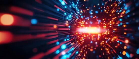 Obraz premium Dynamic light particles movement in a vibrant space, showcasing energy and motion with vivid colors of blue and red.