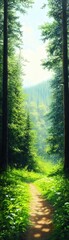 Fototapeta premium Serene forest path surrounded by lush greenery and towering trees, inviting tranquility and adventure in nature.