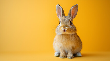 Obraz premium Bunny on Yellow: A fluffy, brown bunny rabbit with curious eyes sits against a vibrant yellow background, a touch of whimsy for your Easter or springtime designs.