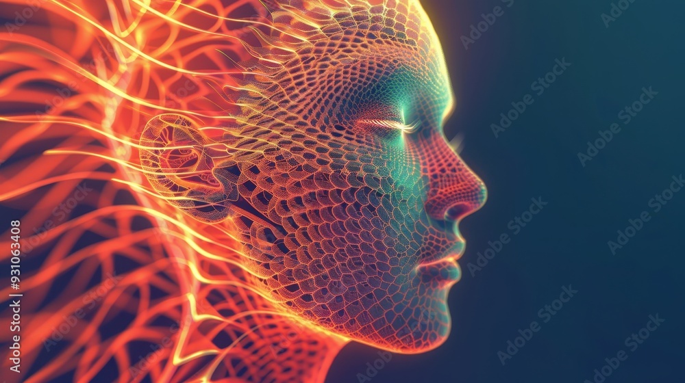 Poster a vibrant, abstract representation of a human face, showcasing intricate patterns and glowing colors