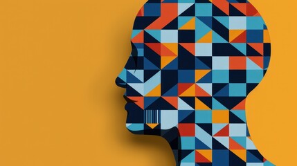 Creative silhouette of a human head filled with colorful geometric patterns on a bright background. Ideal for art and design.