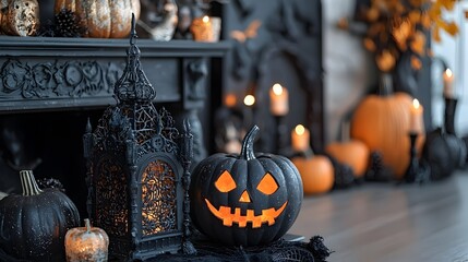Fototapeta premium Halloween Decor with Black Pumpkins and Lanterns.