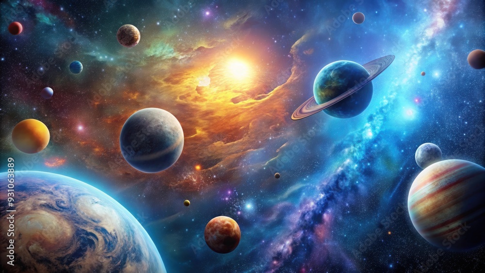Poster intergalactic adventure with alien planets and cosmic phenomena, space, outer space, planets, alien 