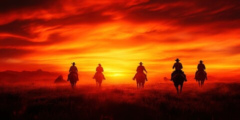 Fototapeta premium A breathtaking silhouette of horseback riders against a vibrant sunset sky, evoking a sense of adventure and freedom.