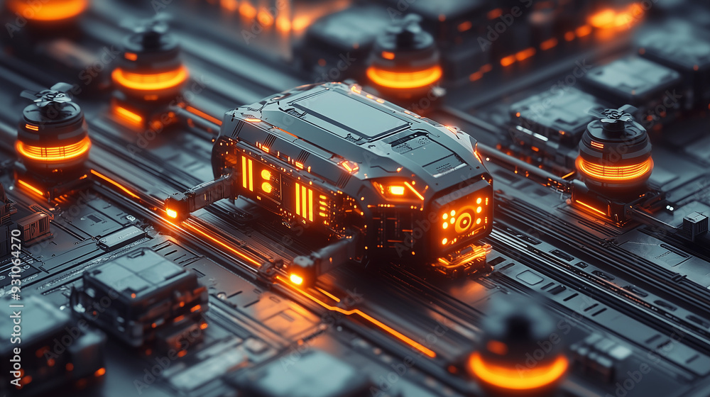 Poster cybernetic cityscape: a sleek, futuristic vehicle traverses a dense network of glowing circuitry, ca