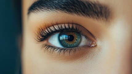 Obraz premium A woman's eye in close-up, focusing on well-shaped brows and mascara, with a simple backdrop