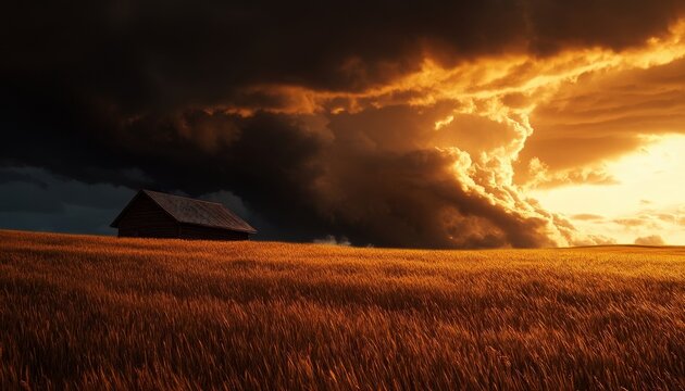 A dramatic sunset over a golden field, with dark clouds rolling in, creating a stunning contrast in the sky.