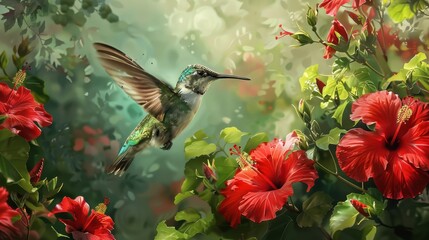 Naklejka premium Hummingbird in Flight with Hibiscus Flowers