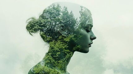 A creative blend of nature and portrait, showcasing a figure with green foliage merging seamlessly with serene facial features.
