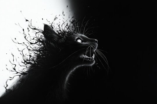 A striking monochrome illustration of a fierce cat with wild, flowing fur, embodying a sense of power and intensity.