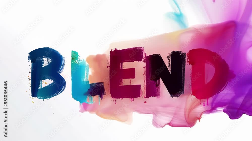 Poster the word blend written in black letters progressively appears on a white background while colorful i
