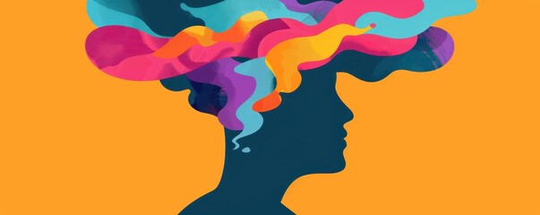 A vibrant silhouette with colorful waves of hair, symbolizing creativity and expression against a bright orange background.