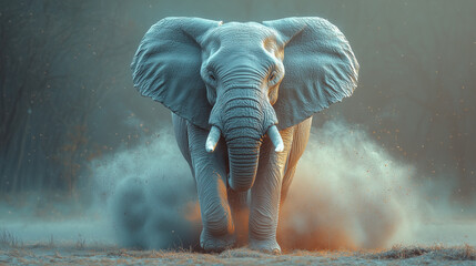 Elephant's Dust Fury: A majestic elephant charges through the savanna, kicking up dust in its wake. 