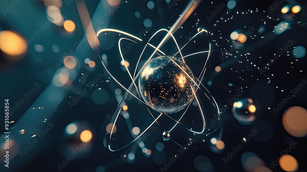 Poster clean and minimal depiction of atomic particles, with subtle electron orbits creating a balanced and