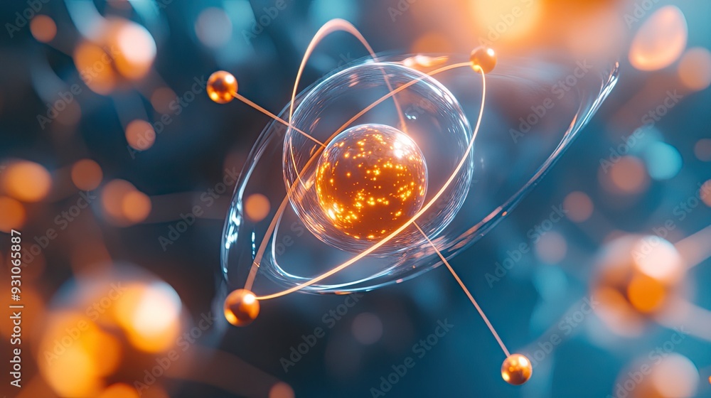 Poster clean and minimal depiction of atomic particles, with subtle electron orbits creating a balanced and