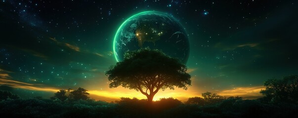 A vibrant cosmic landscape with a majestic tree silhouetted against a glowing planet and a starry sky at twilight.