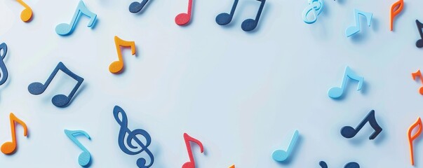 Fototapeta premium Colorful musical notes scattered on a light background, perfect for music-themed projects and creative designs.