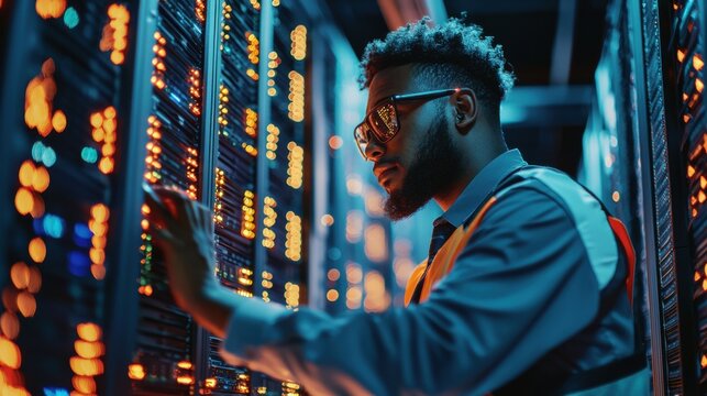 A data center technician working on a server rack, surrounded by blinking LED lights and neatly organized cables, representing the critical infrastructure that supports the global digital economy and