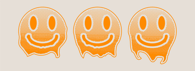 Set of psychedelic melting smiles with halftone effect. Black dots and pop art texture. Retro vector illustration