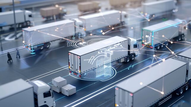 Futuristic scene of autonomous trucks connected in a network, showcasing the potential of self-driving technology in transportation and logistics.