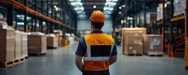 Back view of a warehouse worker wearing a hard hat and high visibility vest, standing in a spacious, organized storage facility.