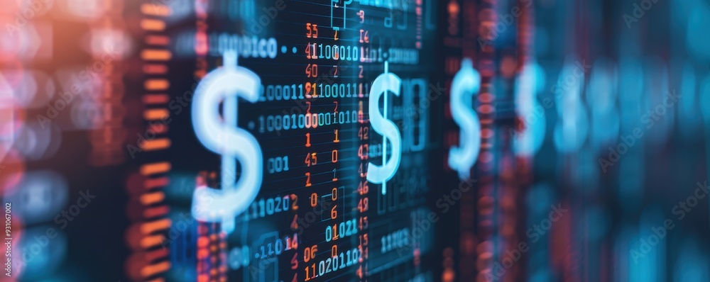 Poster dynamic stock market data visualization with digital dollar symbols representing financial trading a