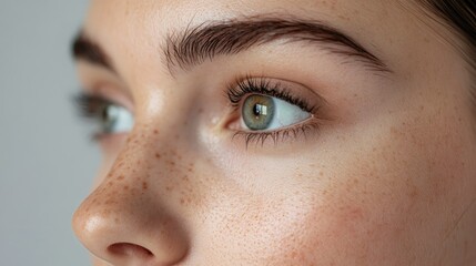 Obraz premium Close-up of a woman's skin, showcasing a clear complexion after a clarifying treatment, against a plain background