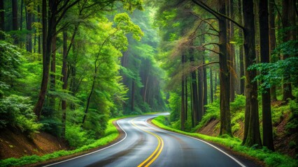 Obraz premium A road winding through a dense forest , wilderness, pathway, nature, journey, adventure, travel, wooded, peaceful