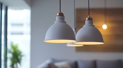 Obraz premium Close-up of stylish lighting fixtures in a minimalistic living room, with a clean, uncluttered background emphasizing modern design.
