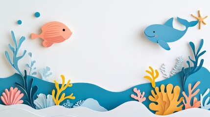 Obraz premium Marine life protection banner with copyspace. Depicting underwater with diverse marine species and coral reefs, The need to reduce ocean pollution and protect marine habitats.