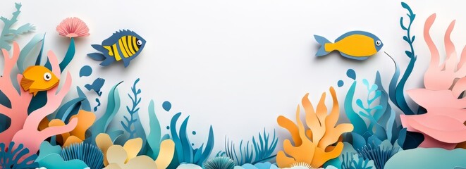 Fototapeta premium Marine life protection banner with copyspace. Depicting underwater with diverse marine species and coral reefs, The need to reduce ocean pollution and protect marine habitats.