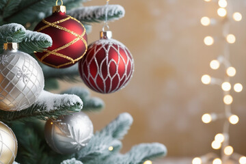 Decorated Christmas tree with ornament on festive background with blurred lights. Xmas celebration concept, copy space