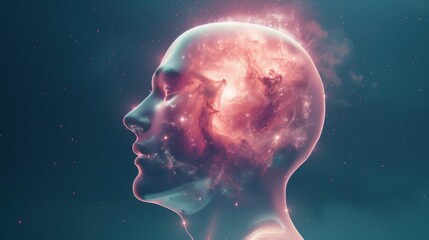 Abstract representation of a human head with a cosmic nebula, symbolizing creativity, consciousness, and the universe within.