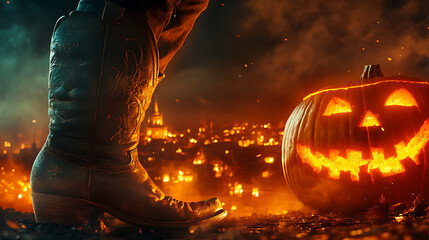 A close-up of a cowboy boot stepping on a jack-o'-lantern, with the glow of a haunted town in the background 