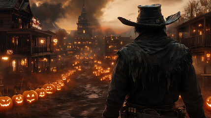 A cowboy dressed in tattered, spooky attire standing in front of a haunted Wild West town with glowing jack-o'-lanterns lining the street 