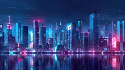 Artist creates digitally painted cityscape with bright neon lights reflecting on the water for futuristic urban environment visual storytelling design concept.