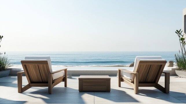 Detailed view of comfortable, minimalist seating on a beachfront patio, with a plain backdrop emphasizing simplicity. - Powered by Adobe