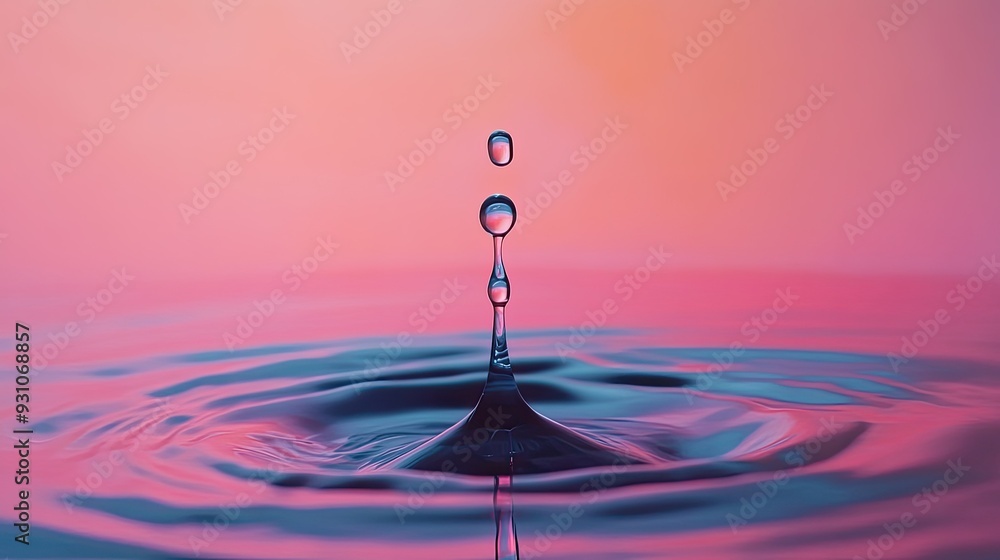 Poster elegant image of a water drop falling on a pink backdrop, with dark cyan and amber highlights creati