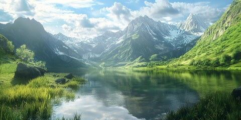 Fototapeta premium Very beautiful mountain lake in the green mountains