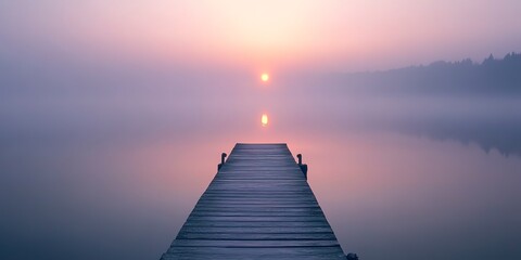Fototapeta premium A straight flat simplistic rectangular lake dock, beautiful sunrise, foggy, calm water. Nature relax wallpaper