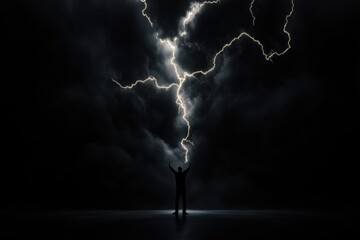 Naklejka premium A dramatic scene of a silhouette against a stormy sky, illuminated by striking lightning bolts, evoking power and nature's fury.