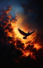 A majestic bird soaring through dramatic clouds at sunset, symbolizing freedom and beauty in nature's artwork.