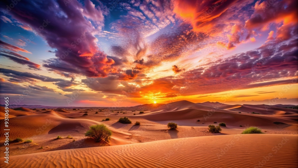 Poster Desert landscape at sunset with vibrant orange and purple hues , desert, sunset, nature, landscape, sky, dusk, colorful, beauty