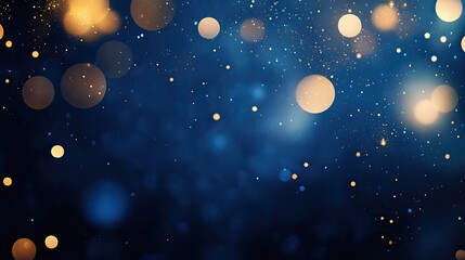 Obraz premium Luxurious dark blue background adorned with scattered gold bokeh lights, creating a dreamy and sophisticated atmosphere.