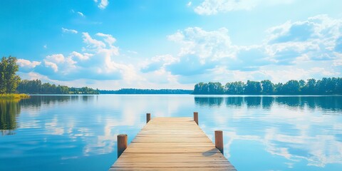 Obraz premium pontoon pier on the lake shore on a beautiful summer day. Creative banner. Copyspace image 
