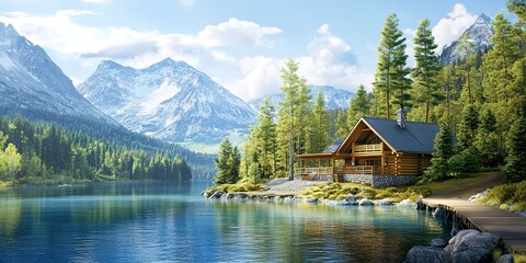 Obraz premium Wood cabin on the lake - log cabin surrounded by trees, mountains, and water in natural landscapes 