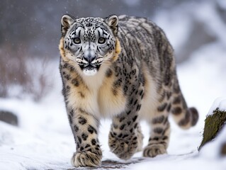 Obraz premium A majestic snow leopard prowls through a snowy landscape, showcasing its striking features and beautiful fur pattern.